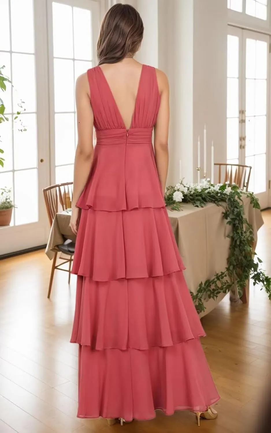 Ruffles Tiered Bridesmaid Dresses for Women Chiffon Formal Wedding Guest Dress V Neck Prom Gowns Long