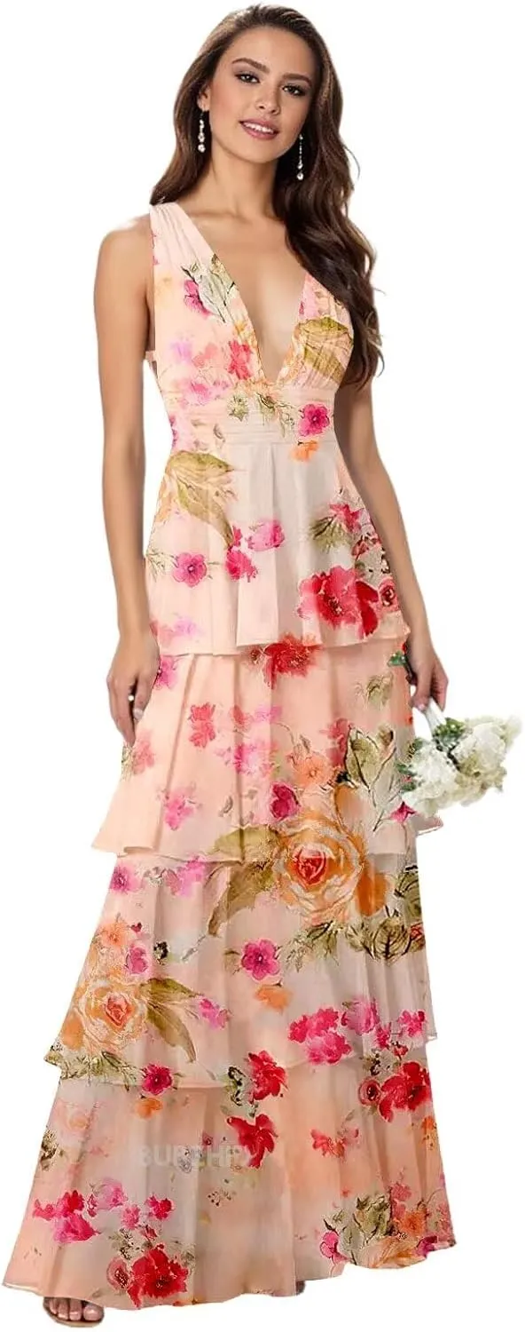 Ruffles Tiered Bridesmaid Dresses for Women Chiffon Formal Wedding Guest Dress V Neck Prom Gowns Long