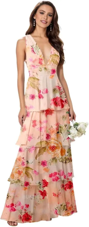 Ruffles Tiered Bridesmaid Dresses for Women Chiffon Formal Wedding Guest Dress V Neck Prom Gowns Long
