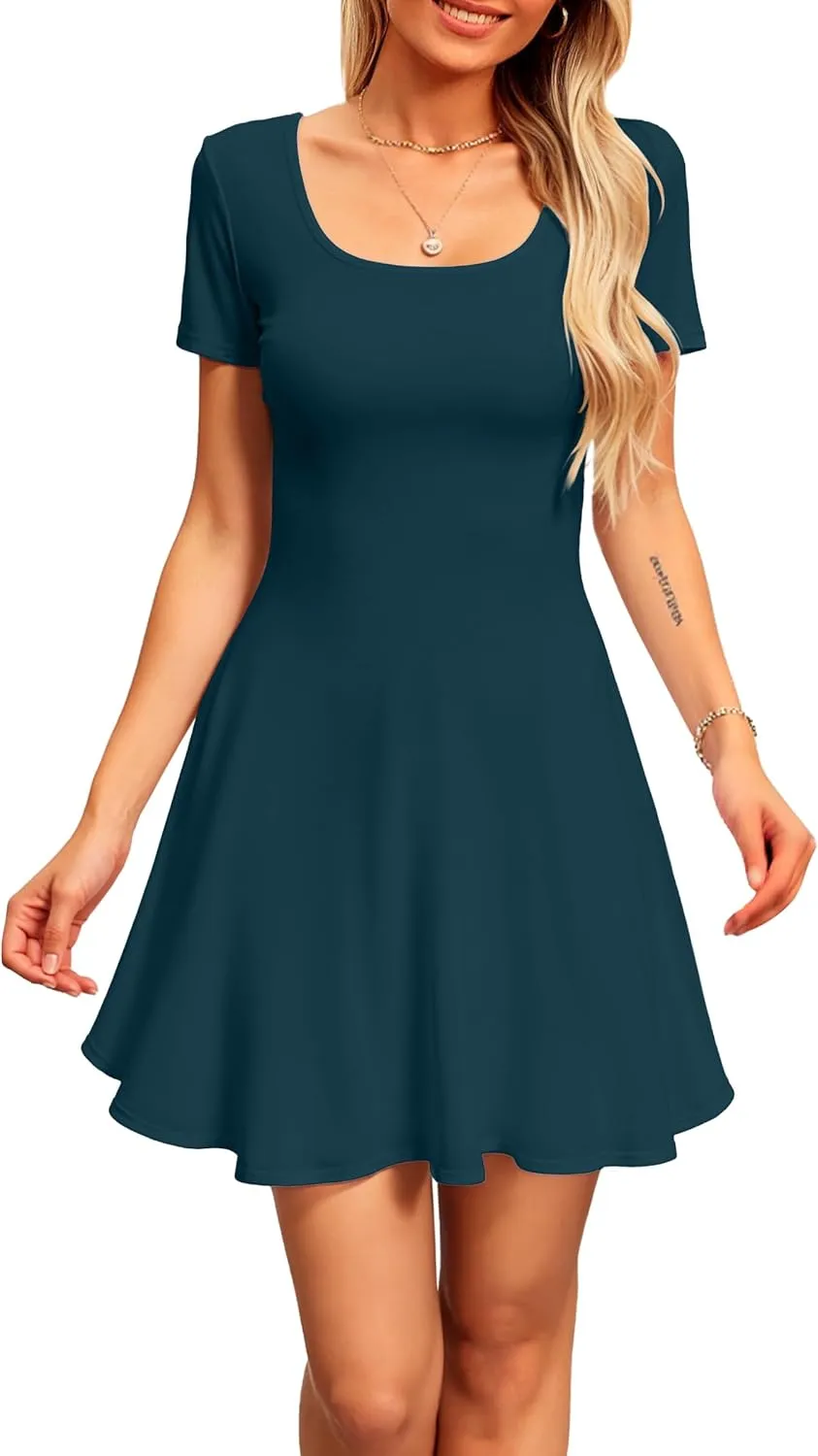 SANDERY Womens Summer Dress Square Neck Short Sleeve Ribbed Slim A Line Mini Fit and Flare Dresses 2025