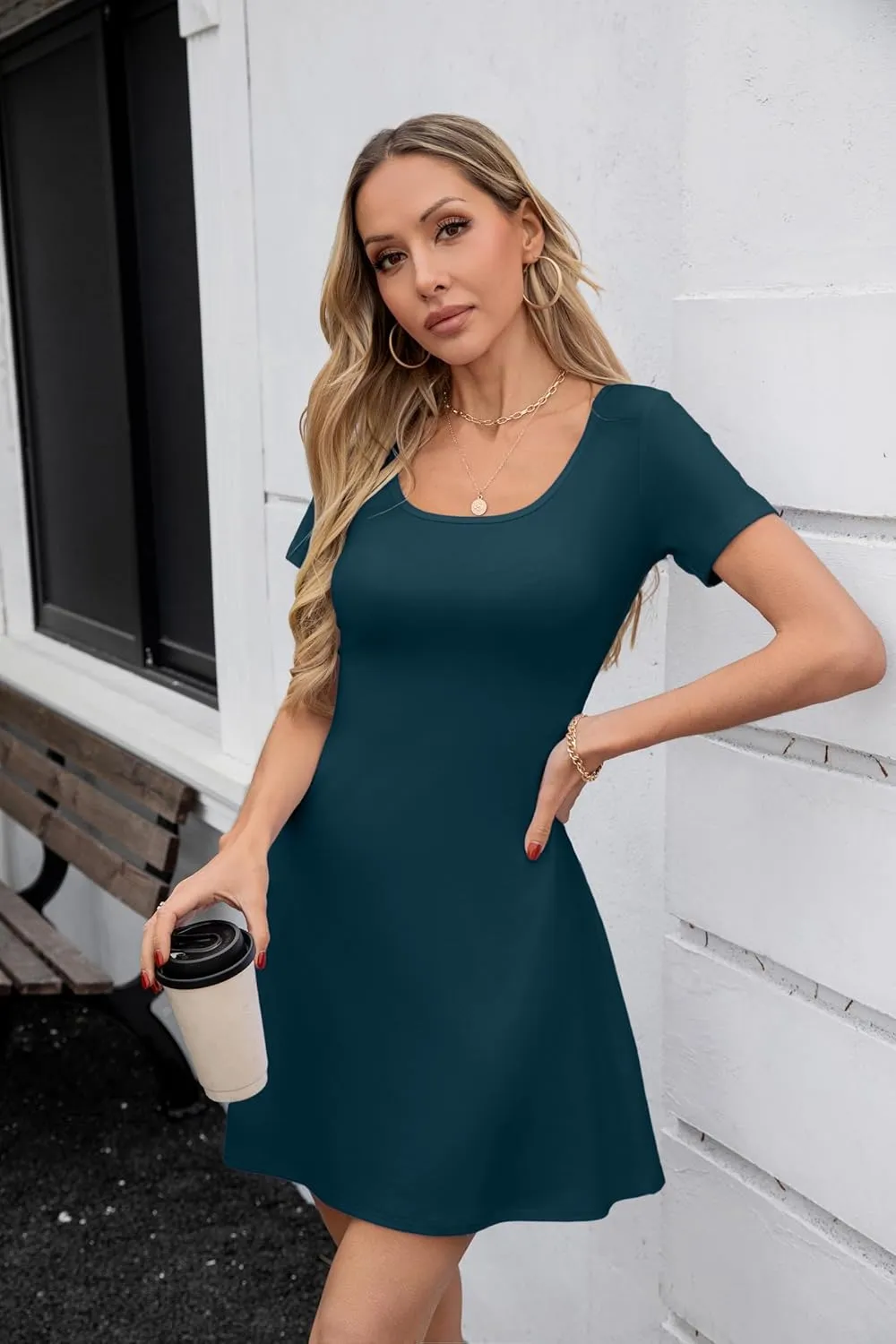 SANDERY Womens Summer Dress Square Neck Short Sleeve Ribbed Slim A Line Mini Fit and Flare Dresses 2025