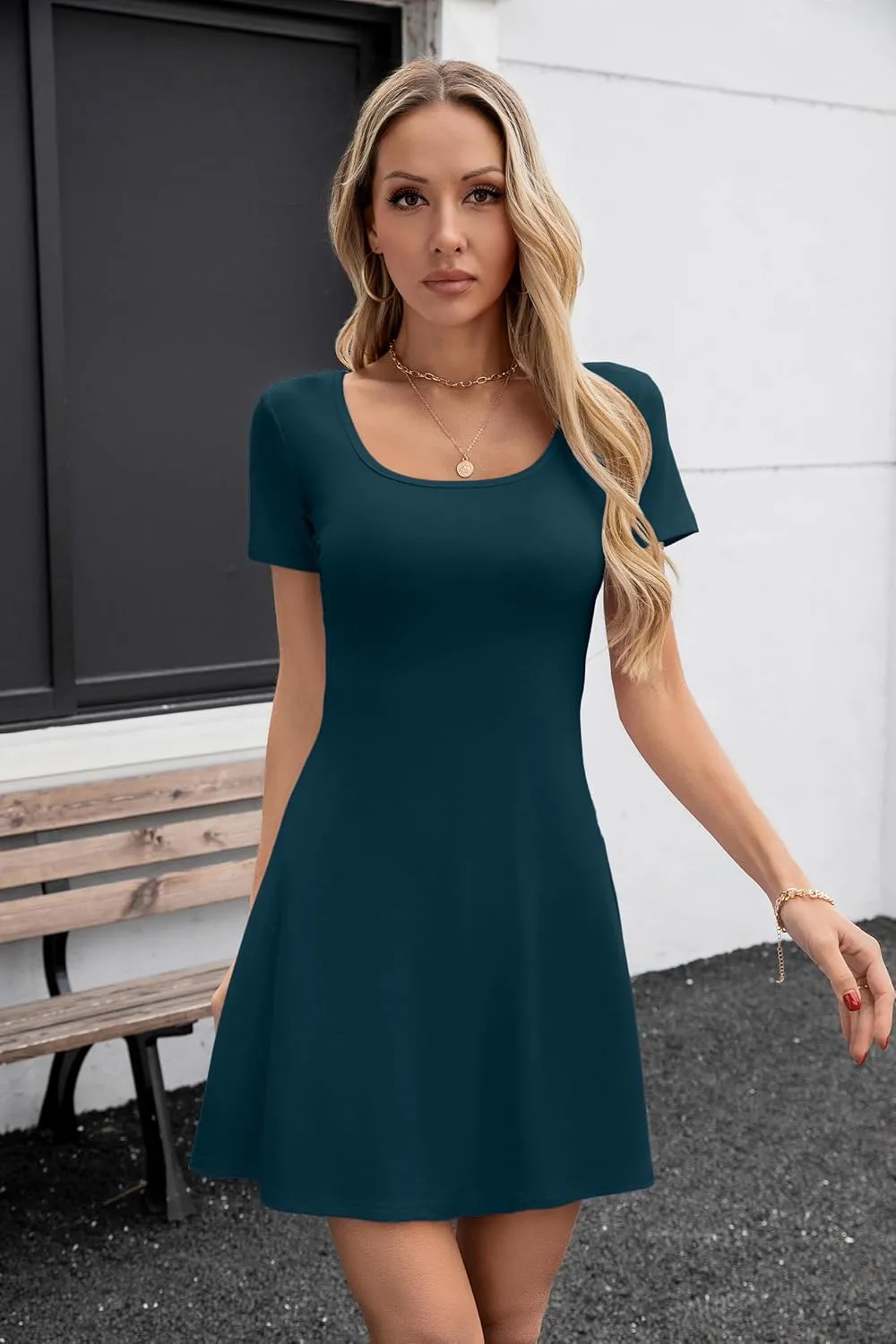 SANDERY Womens Summer Dress Square Neck Short Sleeve Ribbed Slim A Line Mini Fit and Flare Dresses 2025