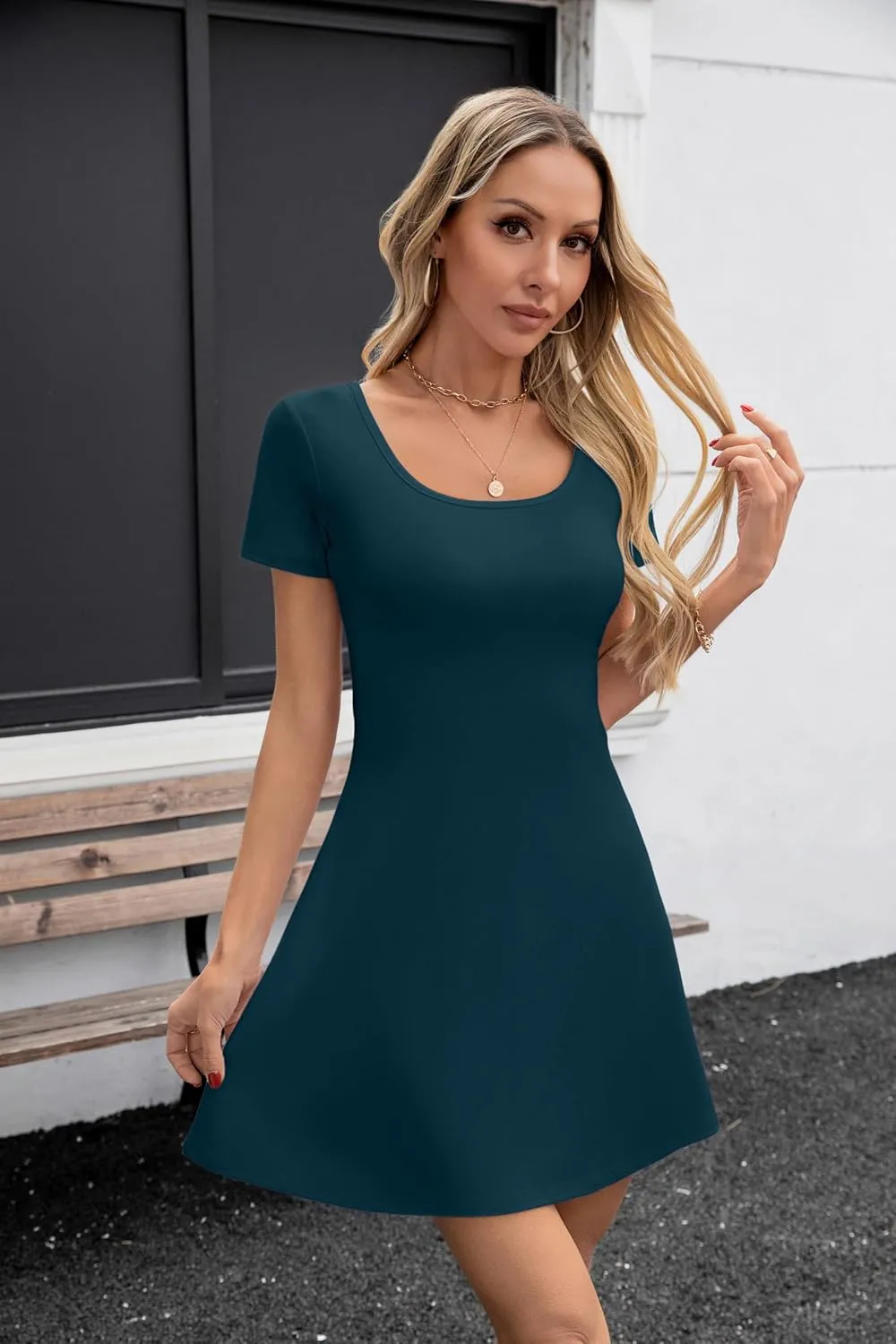 SANDERY Womens Summer Dress Square Neck Short Sleeve Ribbed Slim A Line Mini Fit and Flare Dresses 2025