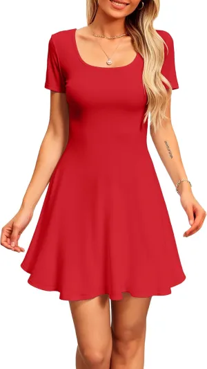 SANDERY Womens Summer Dress Square Neck Short Sleeve Ribbed Slim A Line Mini Fit and Flare Dresses 2025