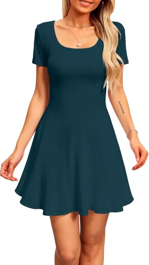 SANDERY Womens Summer Dress Square Neck Short Sleeve Ribbed Slim A Line Mini Fit and Flare Dresses 2025