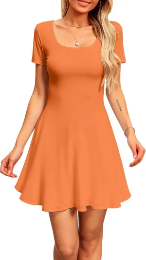 SANDERY Womens Summer Dress Square Neck Short Sleeve Ribbed Slim A Line Mini Fit and Flare Dresses 2025