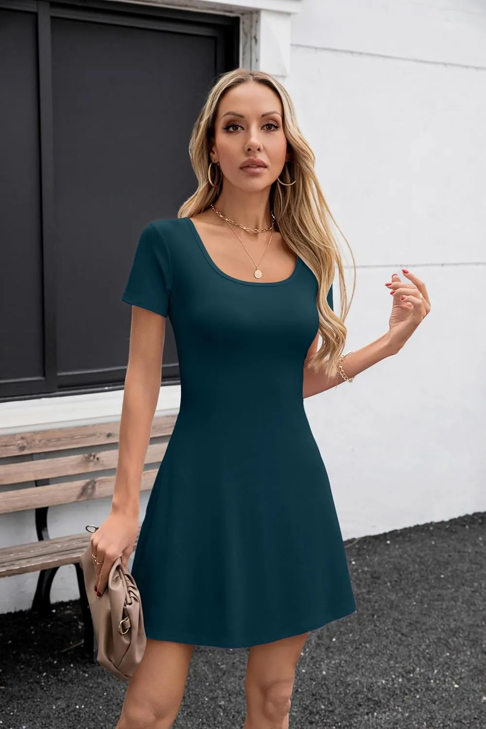 SANDERY Womens Summer Dress Square Neck Short Sleeve Ribbed Slim A Line Mini Fit and Flare Dresses 2025