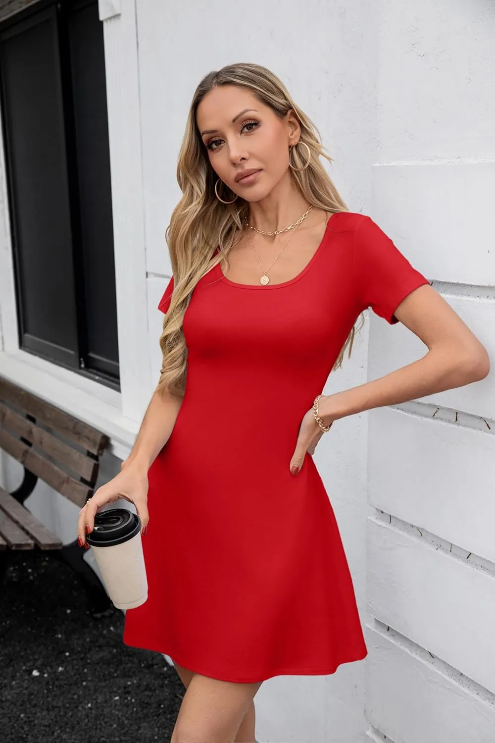 SANDERY Womens Summer Dress Square Neck Short Sleeve Ribbed Slim A Line Mini Fit and Flare Dresses 2025