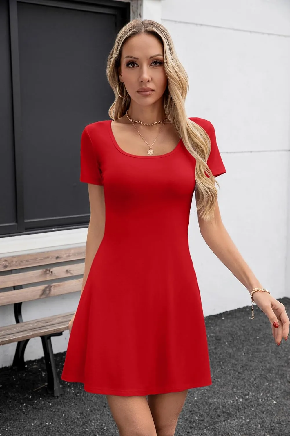 SANDERY Womens Summer Dress Square Neck Short Sleeve Ribbed Slim A Line Mini Fit and Flare Dresses 2025