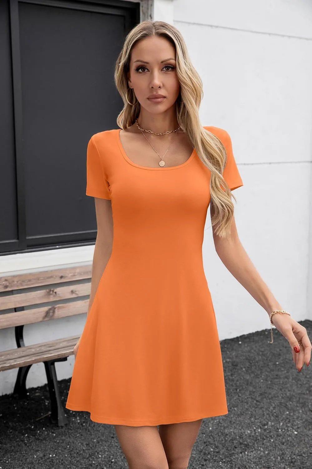 SANDERY Womens Summer Dress Square Neck Short Sleeve Ribbed Slim A Line Mini Fit and Flare Dresses 2025