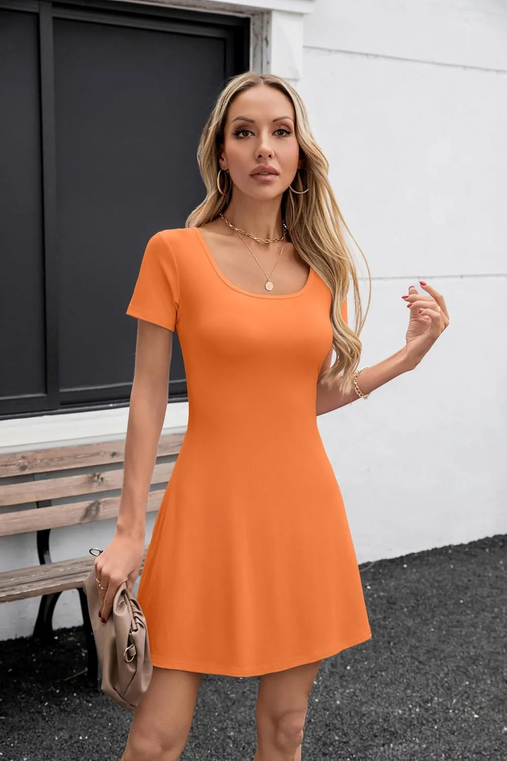 SANDERY Womens Summer Dress Square Neck Short Sleeve Ribbed Slim A Line Mini Fit and Flare Dresses 2025