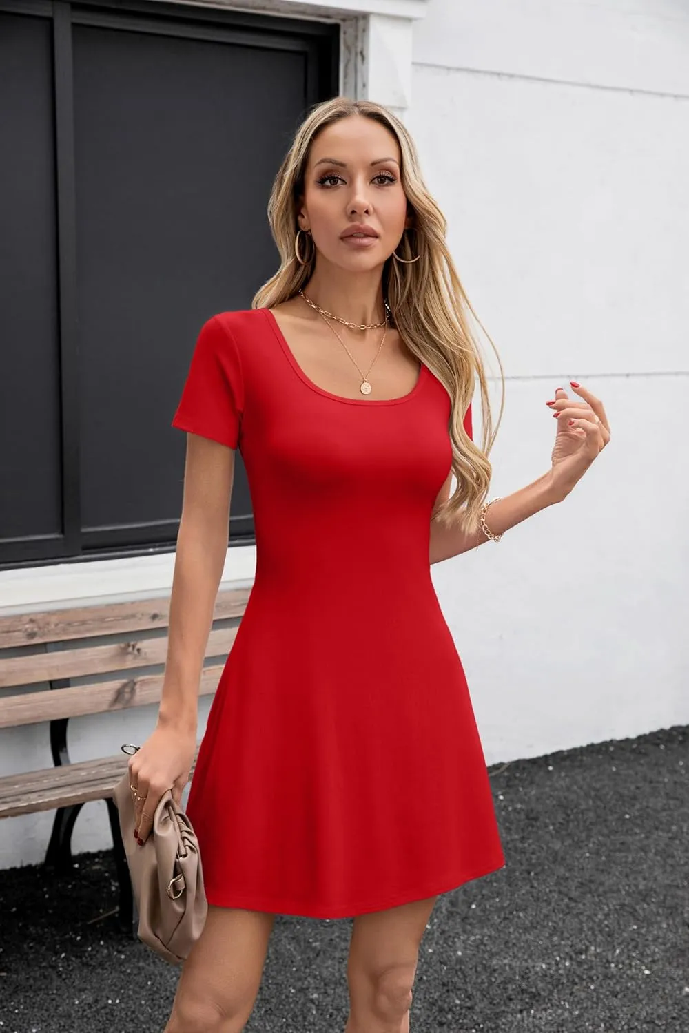 SANDERY Womens Summer Dress Square Neck Short Sleeve Ribbed Slim A Line Mini Fit and Flare Dresses 2025