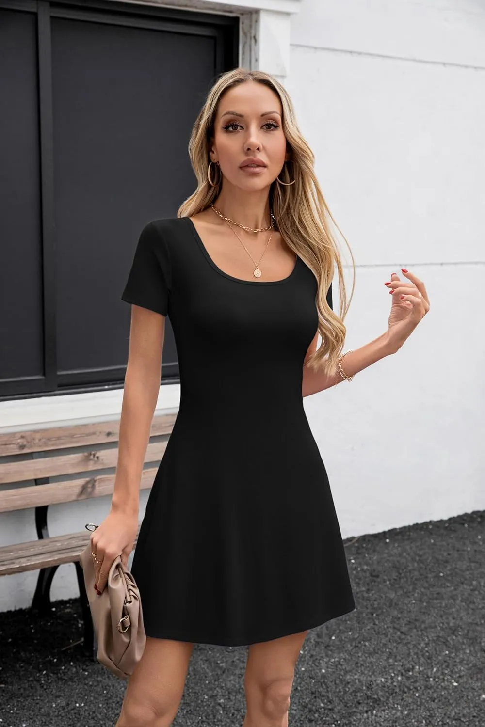 SANDERY Womens Summer Dress Square Neck Short Sleeve Ribbed Slim A Line Mini Fit and Flare Dresses 2025