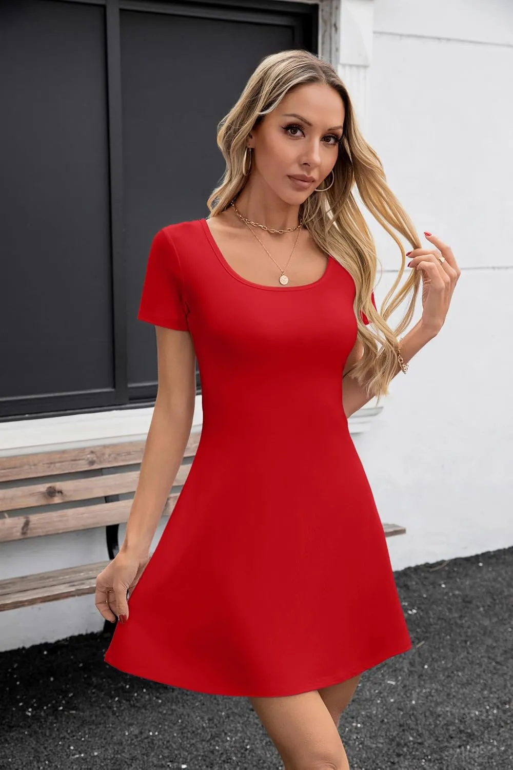SANDERY Womens Summer Dress Square Neck Short Sleeve Ribbed Slim A Line Mini Fit and Flare Dresses 2025