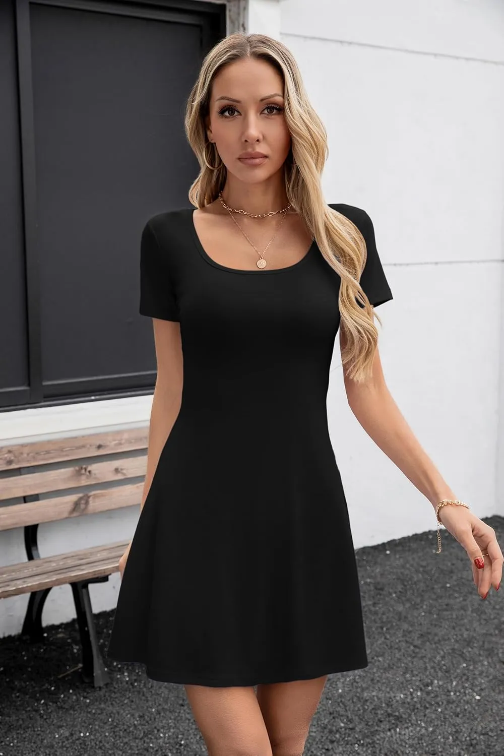 SANDERY Womens Summer Dress Square Neck Short Sleeve Ribbed Slim A Line Mini Fit and Flare Dresses 2025