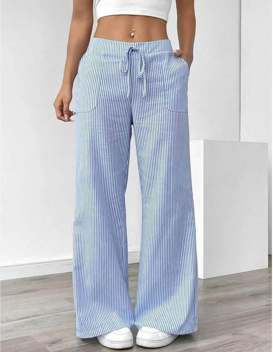 SEMATOMALA Women's Striped Wide Leg Lounge Wear Pants Elastic Waist High Waisted Trousers with Pockets
