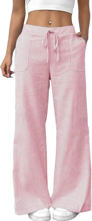 SEMATOMALA Women's Striped Wide Leg Lounge Wear Pants Elastic Waist High Waisted Trousers with Pockets