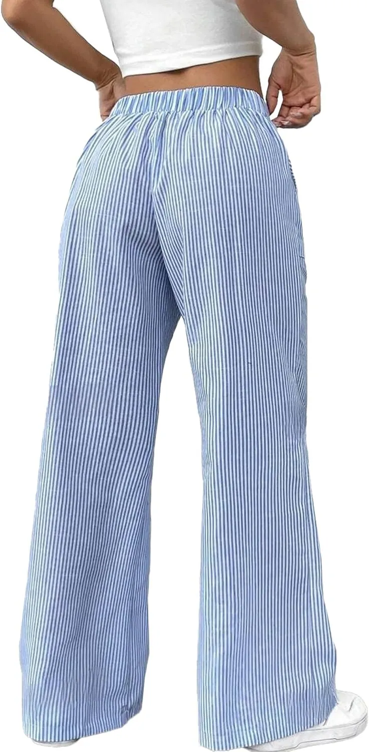 SEMATOMALA Women's Striped Wide Leg Lounge Wear Pants Elastic Waist High Waisted Trousers with Pockets