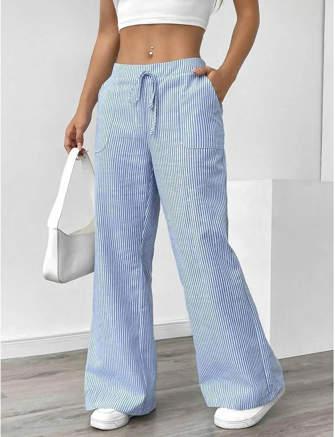 SEMATOMALA Women's Striped Wide Leg Lounge Wear Pants Elastic Waist High Waisted Trousers with Pockets
