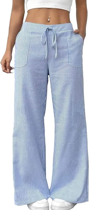 SEMATOMALA Women's Striped Wide Leg Lounge Wear Pants Elastic Waist High Waisted Trousers with Pockets