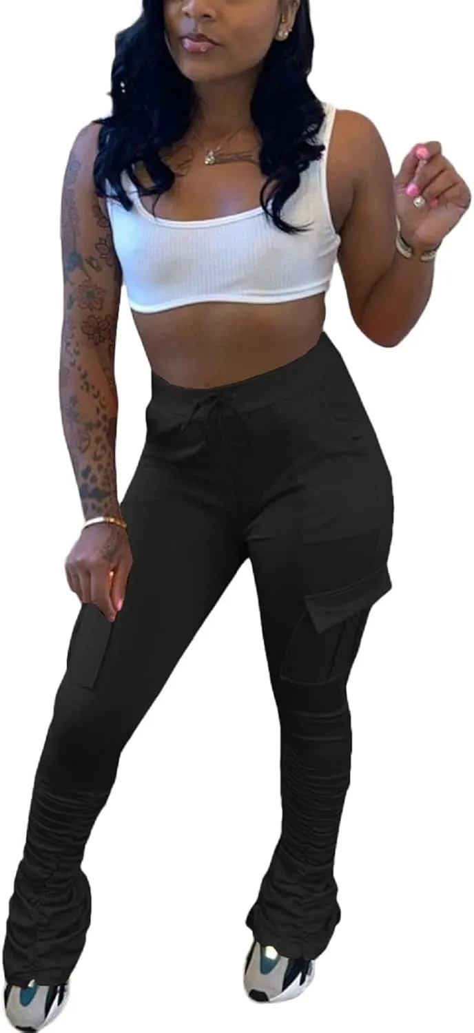 SHINFY Women's Stacked Leggings Pants,Casual Bell Bottom Yoga Pants Ruched Jogging Sweatpants
