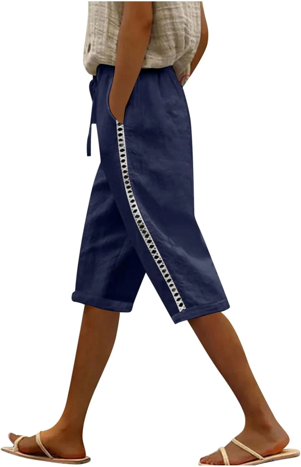 Shorts for Women Fashion Drawstring Elastic High Waisted Side Hollow Out Knee Length Solid Short with Pockets