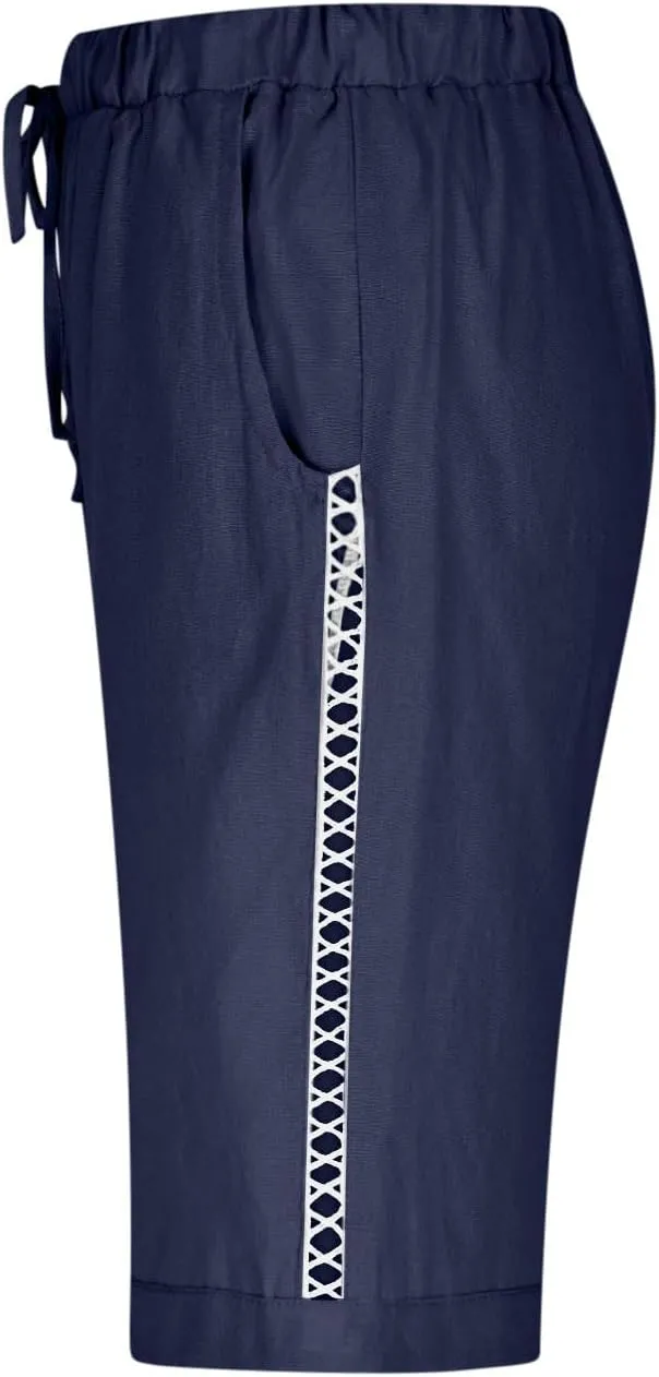 Shorts for Women Fashion Drawstring Elastic High Waisted Side Hollow Out Knee Length Solid Short with Pockets