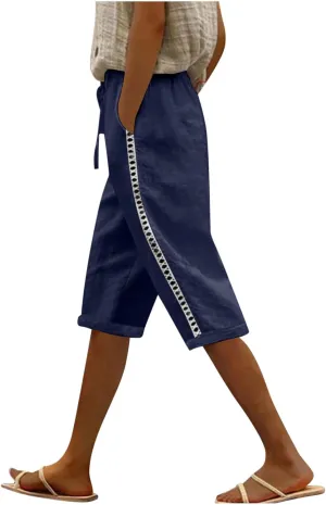 Shorts for Women Fashion Drawstring Elastic High Waisted Side Hollow Out Knee Length Solid Short with Pockets