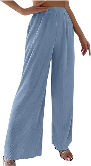 SMIDOW Womens Fashion Wide Leg Pants Casual Loose Elastic High Waist Palazzo Lounge Pants Solid Bootcut Trousers