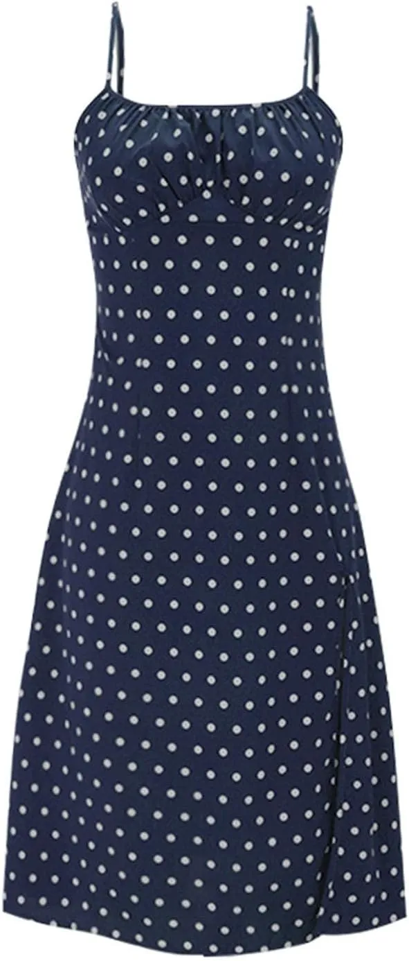 Spaghetti Strap Dresses for Women 2025 Polka Dot Midi Dress Sleeveless Slit Summer Sundress Beach Vacation Sexy Dress