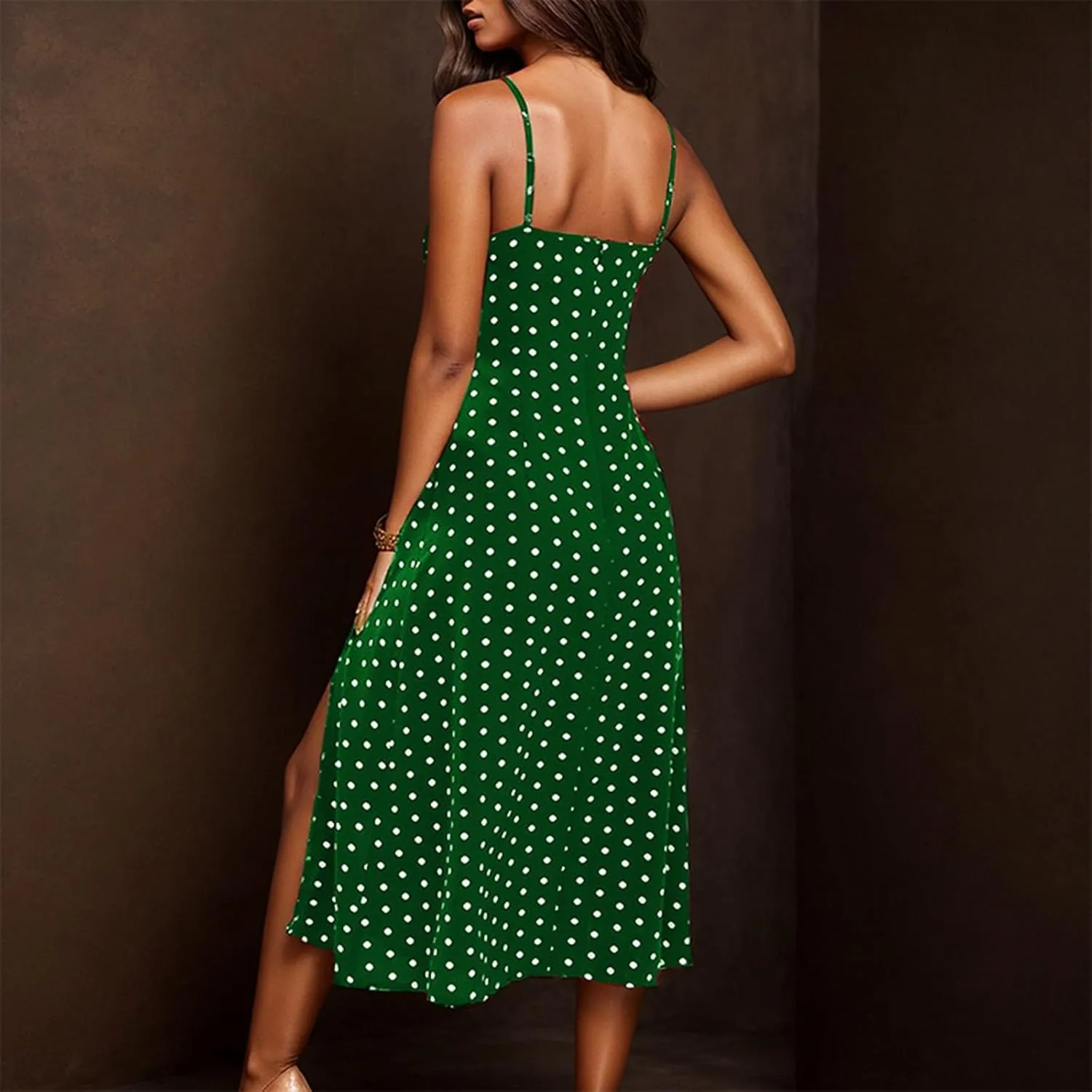 Spaghetti Strap Dresses for Women 2025 Polka Dot Midi Dress Sleeveless Slit Summer Sundress Beach Vacation Sexy Dress