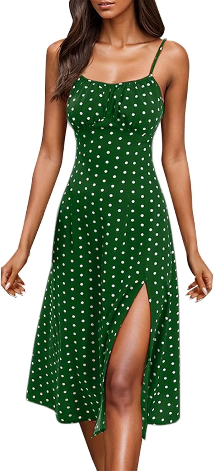 Spaghetti Strap Dresses for Women 2025 Polka Dot Midi Dress Sleeveless Slit Summer Sundress Beach Vacation Sexy Dress