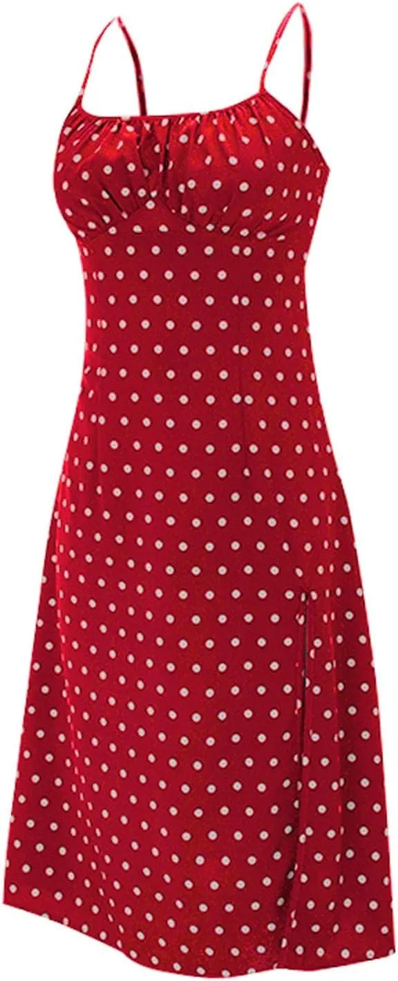 Spaghetti Strap Dresses for Women 2025 Polka Dot Midi Dress Sleeveless Slit Summer Sundress Beach Vacation Sexy Dress