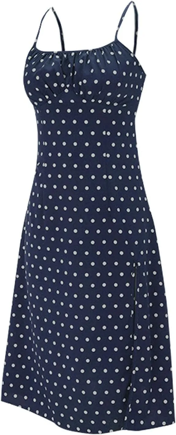 Spaghetti Strap Dresses for Women 2025 Polka Dot Midi Dress Sleeveless Slit Summer Sundress Beach Vacation Sexy Dress