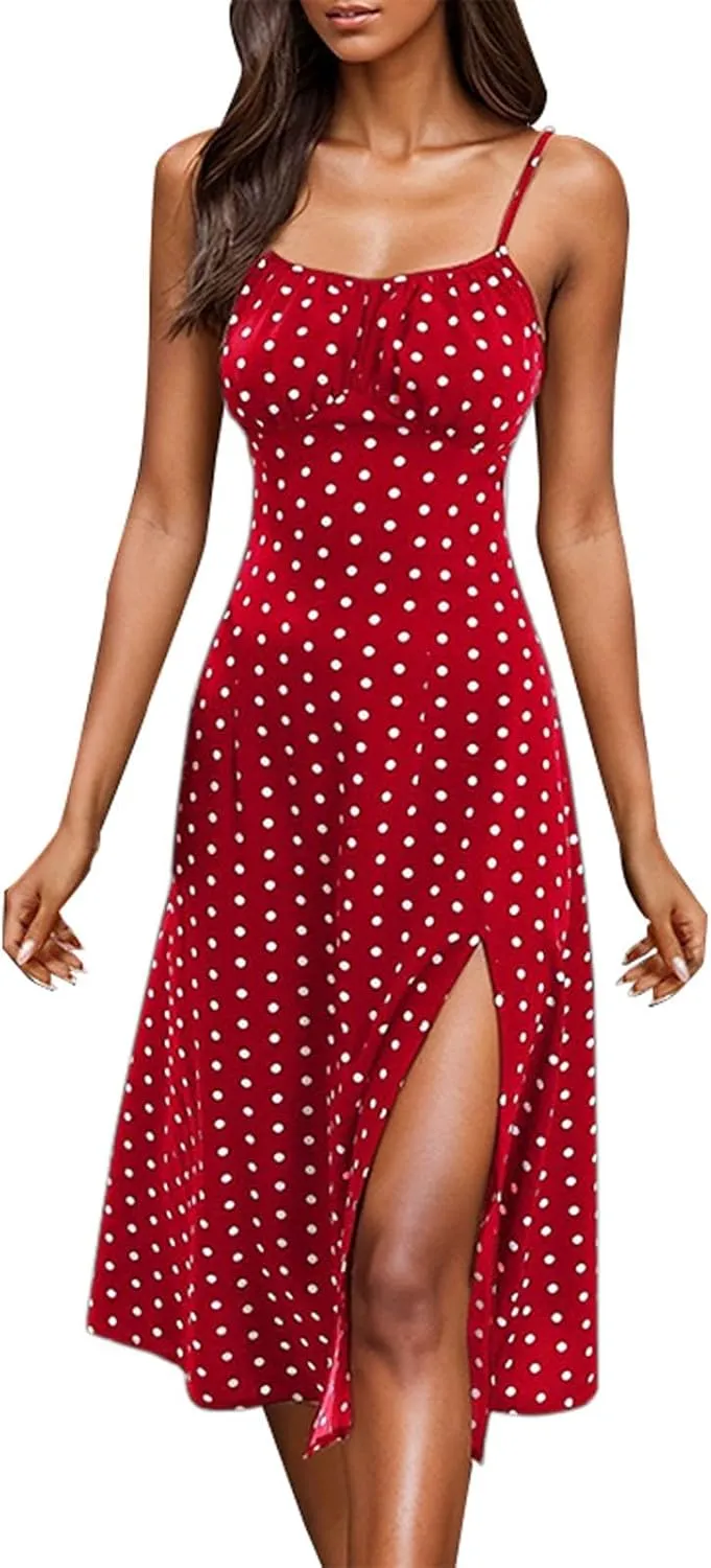 Spaghetti Strap Dresses for Women 2025 Polka Dot Midi Dress Sleeveless Slit Summer Sundress Beach Vacation Sexy Dress