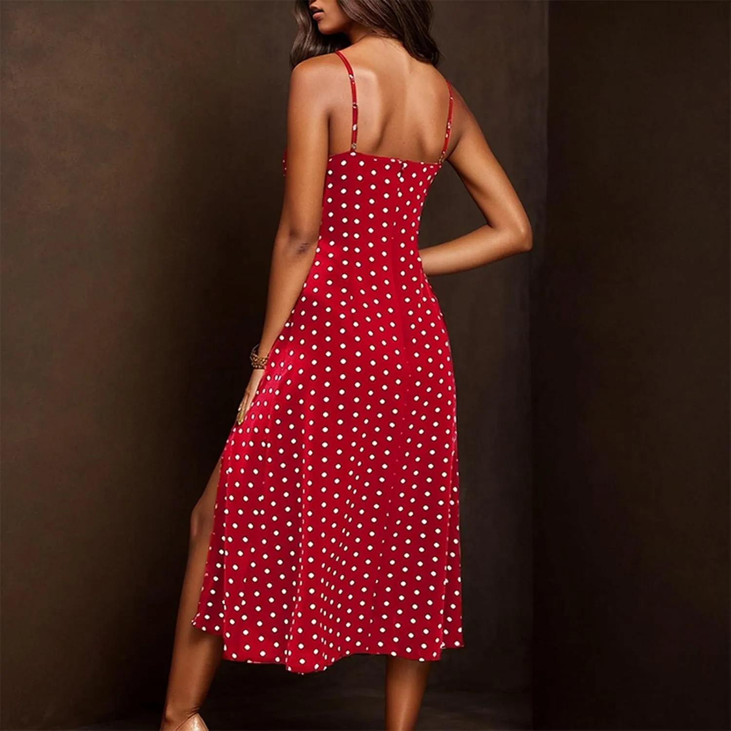 Spaghetti Strap Dresses for Women 2025 Polka Dot Midi Dress Sleeveless Slit Summer Sundress Beach Vacation Sexy Dress
