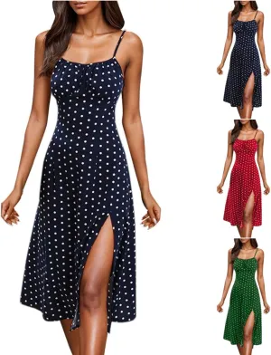 Spaghetti Strap Dresses for Women 2025 Polka Dot Midi Dress Sleeveless Slit Summer Sundress Beach Vacation Sexy Dress