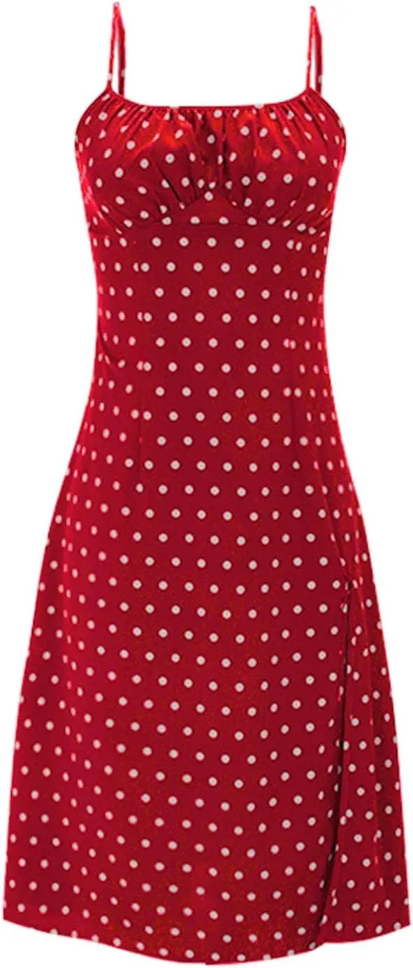 Spaghetti Strap Dresses for Women 2025 Polka Dot Midi Dress Sleeveless Slit Summer Sundress Beach Vacation Sexy Dress