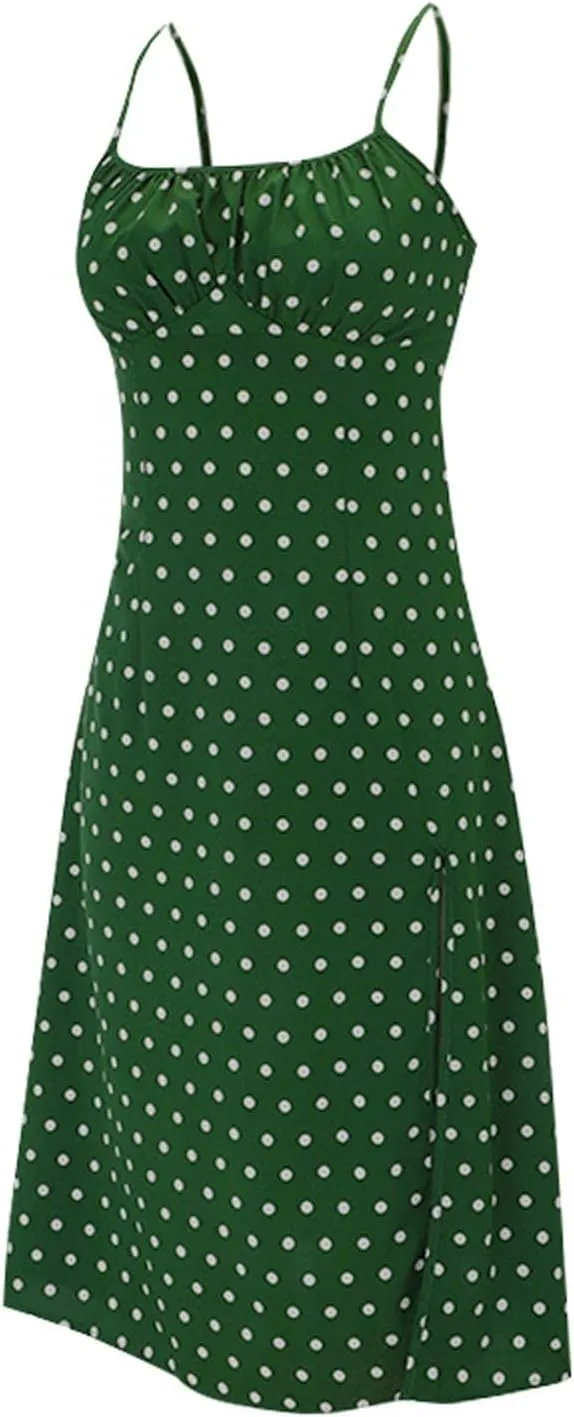 Spaghetti Strap Dresses for Women 2025 Polka Dot Midi Dress Sleeveless Slit Summer Sundress Beach Vacation Sexy Dress