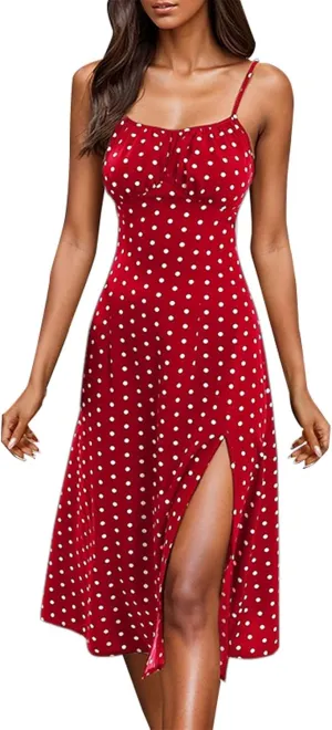 Spaghetti Strap Dresses for Women 2025 Polka Dot Midi Dress Sleeveless Slit Summer Sundress Beach Vacation Sexy Dress