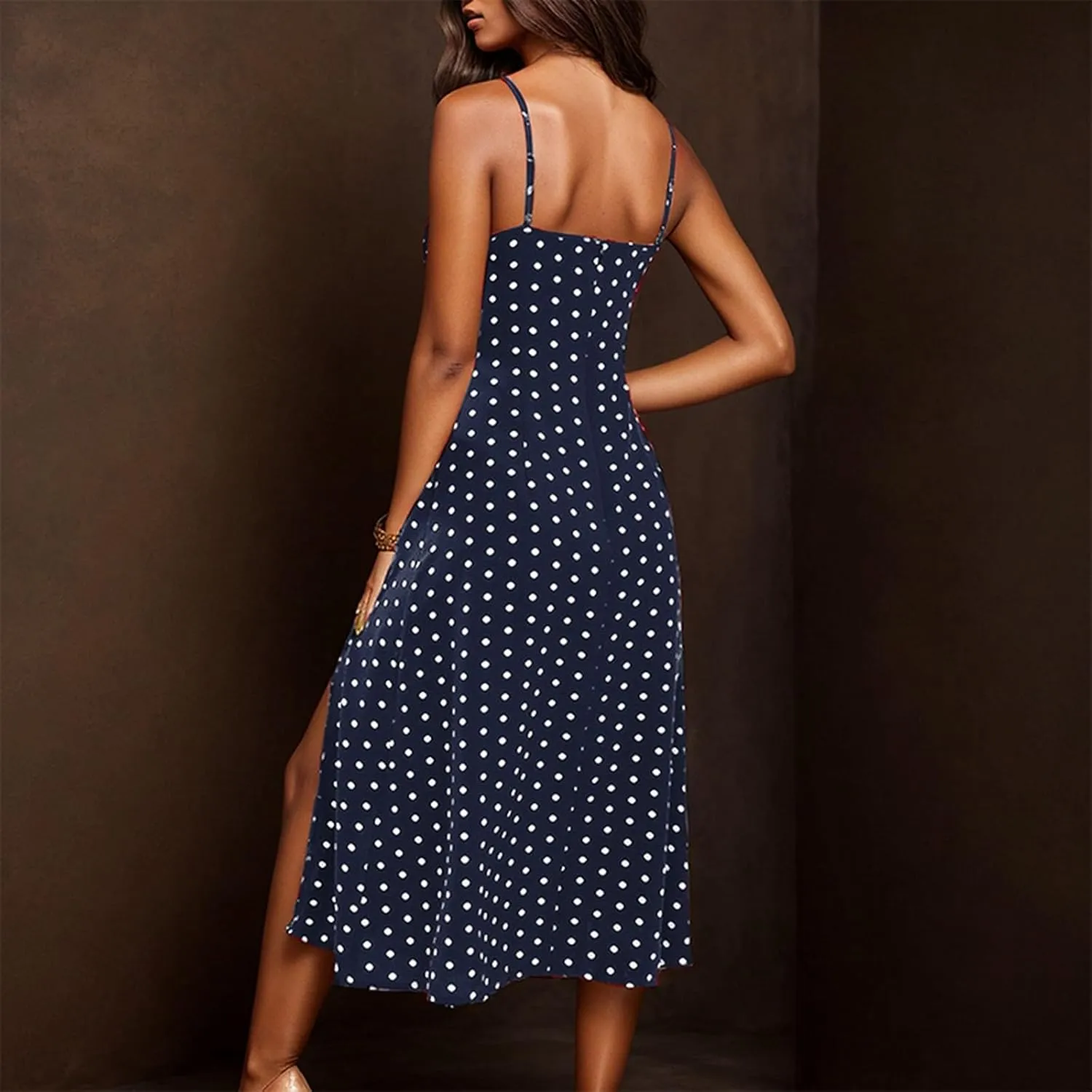 Spaghetti Strap Dresses for Women 2025 Polka Dot Midi Dress Sleeveless Slit Summer Sundress Beach Vacation Sexy Dress