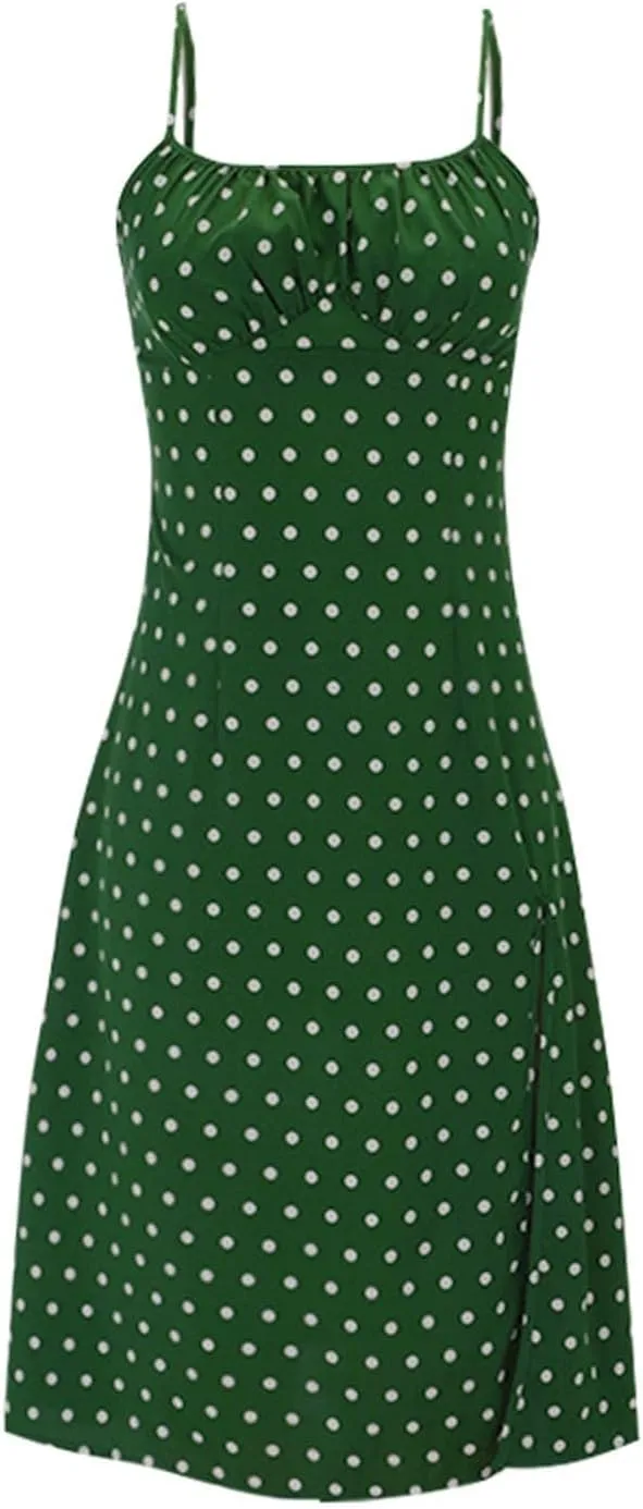 Spaghetti Strap Dresses for Women 2025 Polka Dot Midi Dress Sleeveless Slit Summer Sundress Beach Vacation Sexy Dress