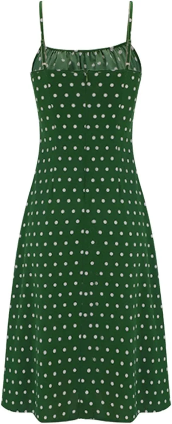 Spaghetti Strap Dresses for Women 2025 Polka Dot Midi Dress Sleeveless Slit Summer Sundress Beach Vacation Sexy Dress