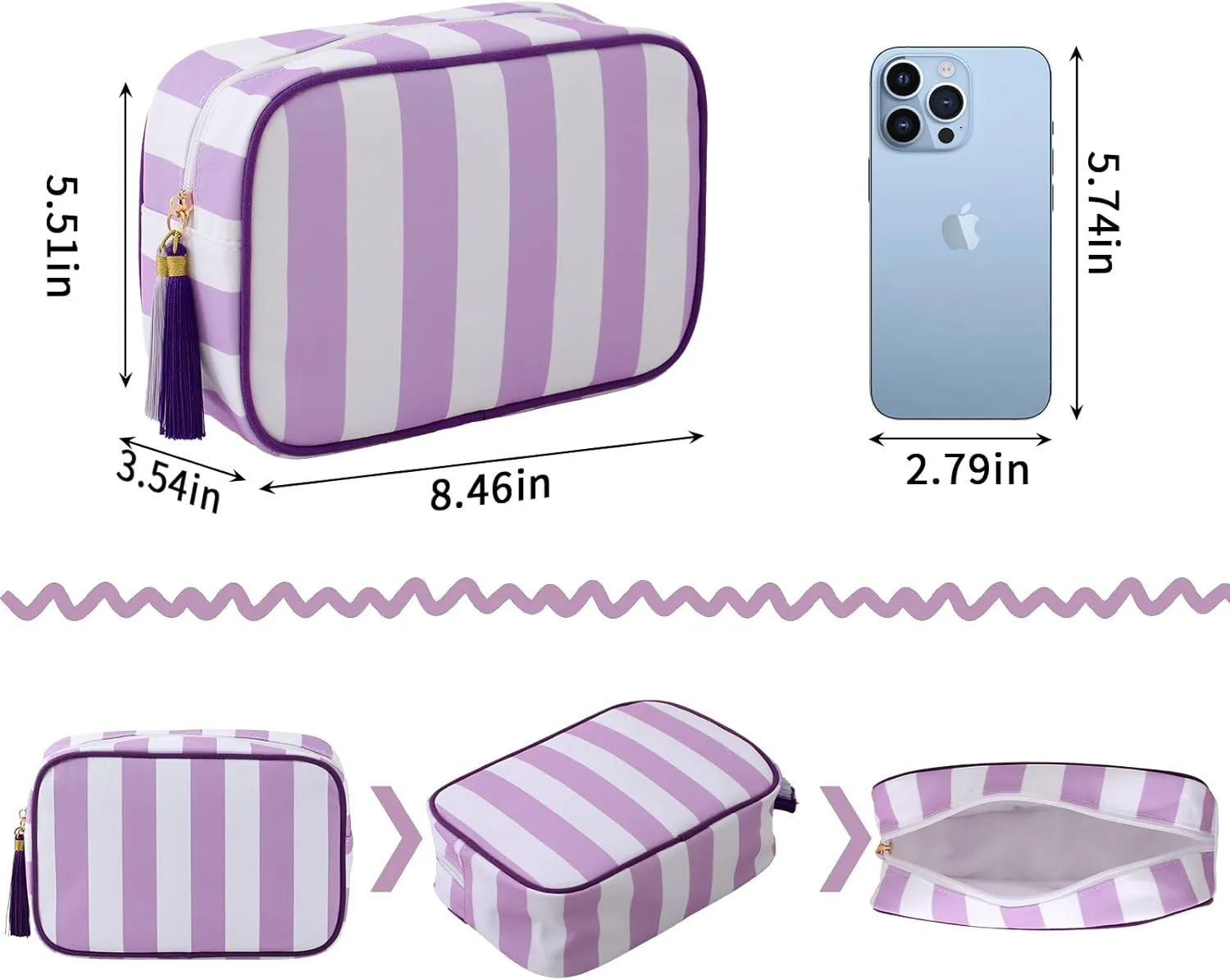 Stripe Makeup Bag Travel Cosmetic Bag Organizer Tassel Toiletry Bag Large Canvas Zipper Pouch and Accessories Storage Bag for Women (White with Purple)