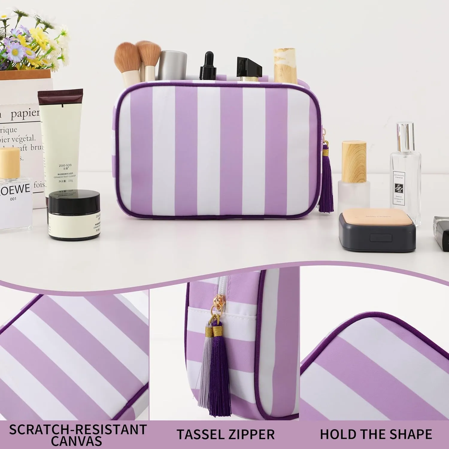 Stripe Makeup Bag Travel Cosmetic Bag Organizer Tassel Toiletry Bag Large Canvas Zipper Pouch and Accessories Storage Bag for Women (White with Purple)