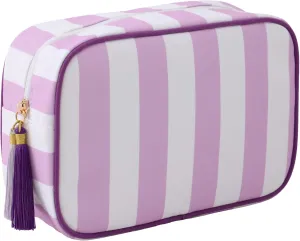 Stripe Makeup Bag Travel Cosmetic Bag Organizer Tassel Toiletry Bag Large Canvas Zipper Pouch and Accessories Storage Bag for Women (White with Purple)