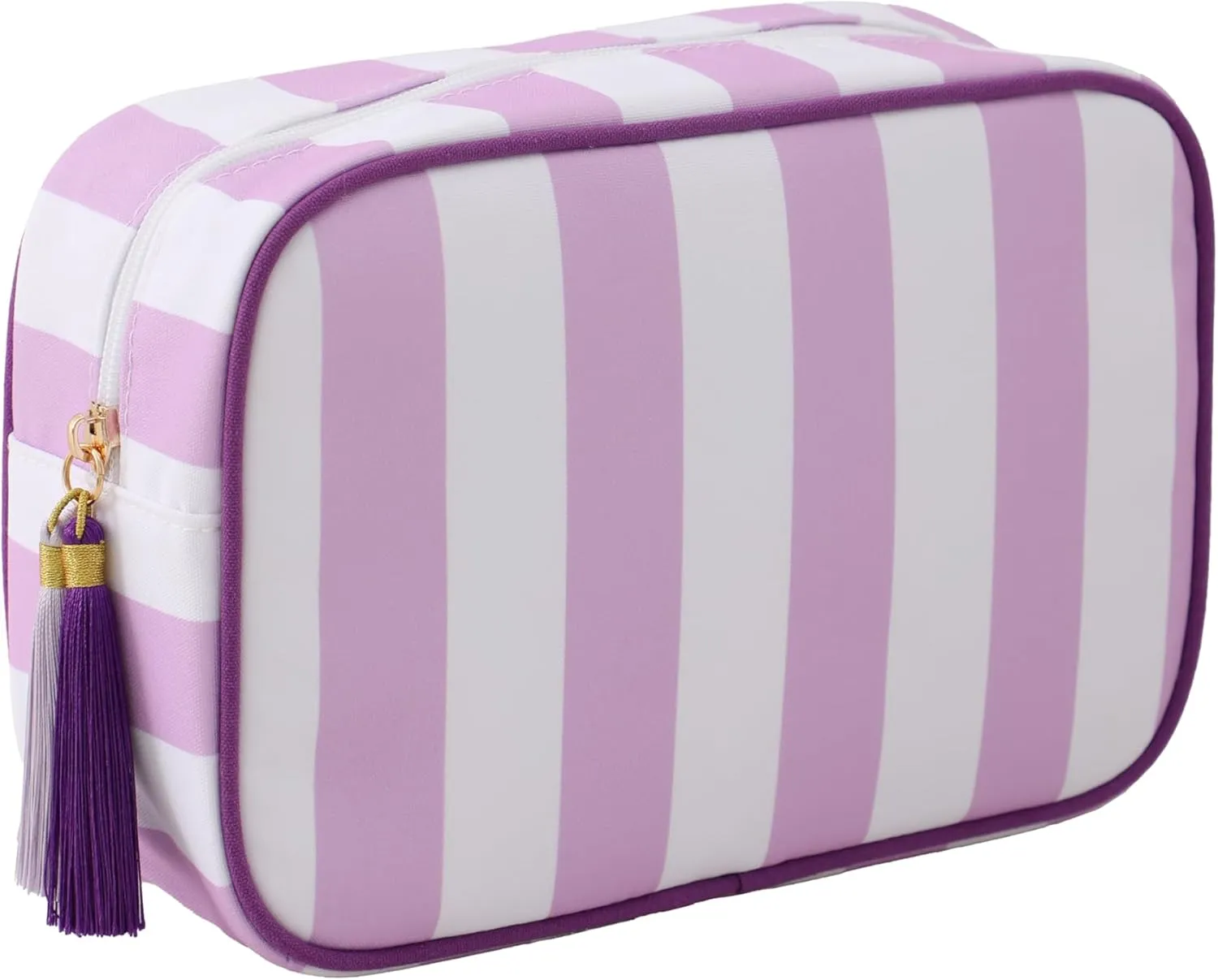 Stripe Makeup Bag Travel Cosmetic Bag Organizer Tassel Toiletry Bag Large Canvas Zipper Pouch and Accessories Storage Bag for Women (White with Purple)
