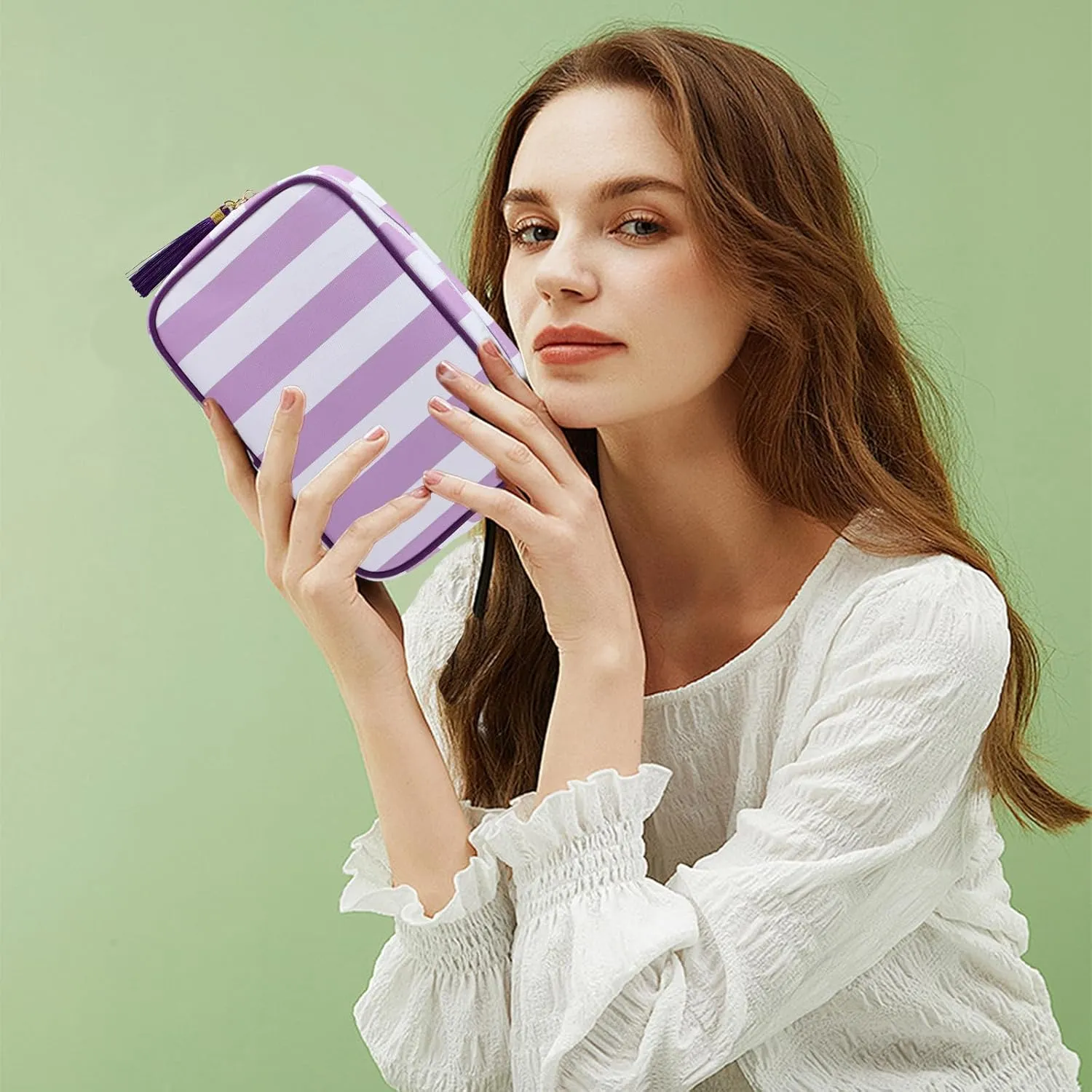 Stripe Makeup Bag Travel Cosmetic Bag Organizer Tassel Toiletry Bag Large Canvas Zipper Pouch and Accessories Storage Bag for Women (White with Purple)