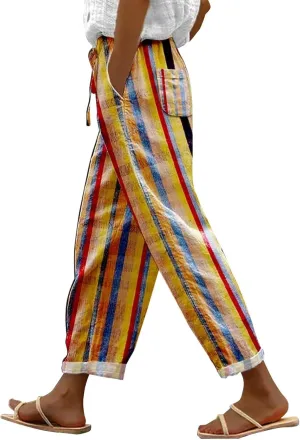 Striped Linen Capris Women Casual Drawstring Pants Linen Pants Women Capri Linen Pants Women Capri Linen