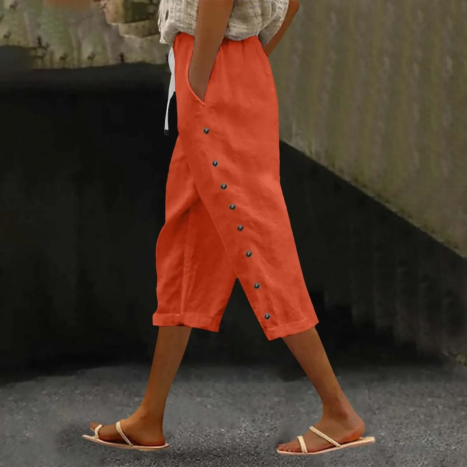 Striped Linen Pants Women Casual Capri Pants Loose Spring Summer Lightweight Drawstring Side Button Pants with Pockets